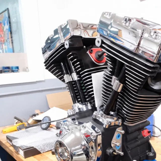 S&S aftermarket Harley-Davidson engine on an engine stand