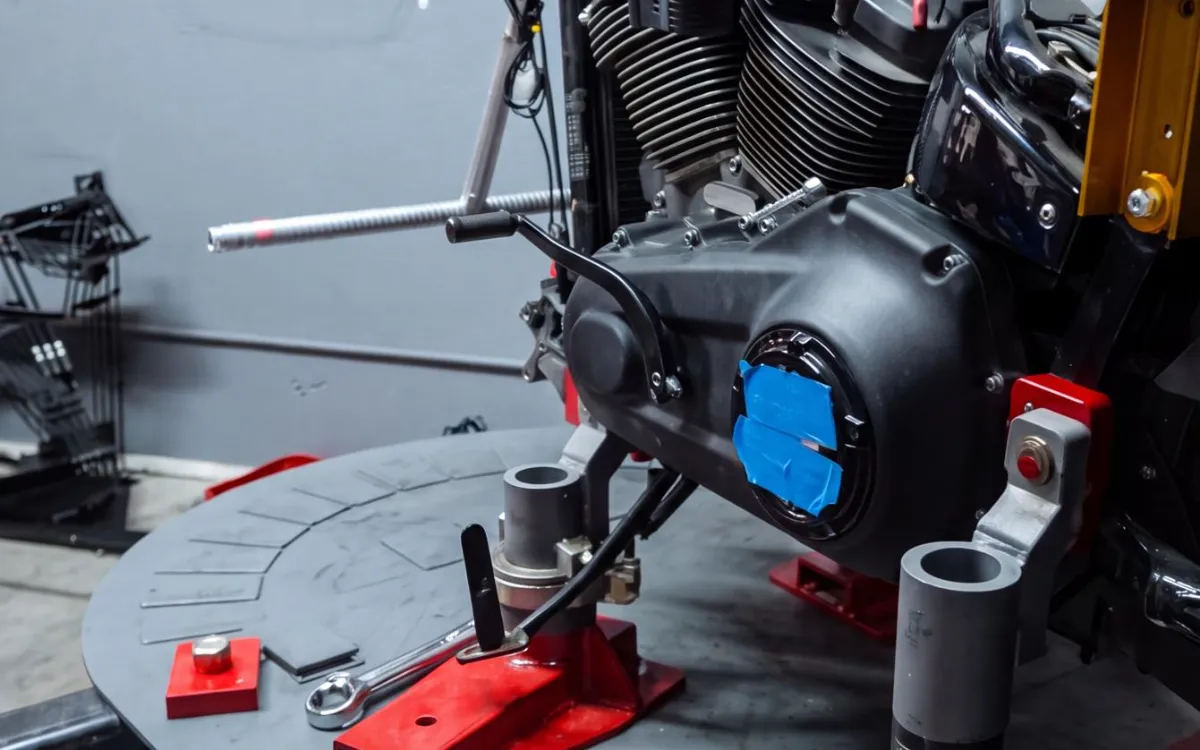 Harley-Davidson clamped on the frame and alignment rack at Phoenix Performance Alignment